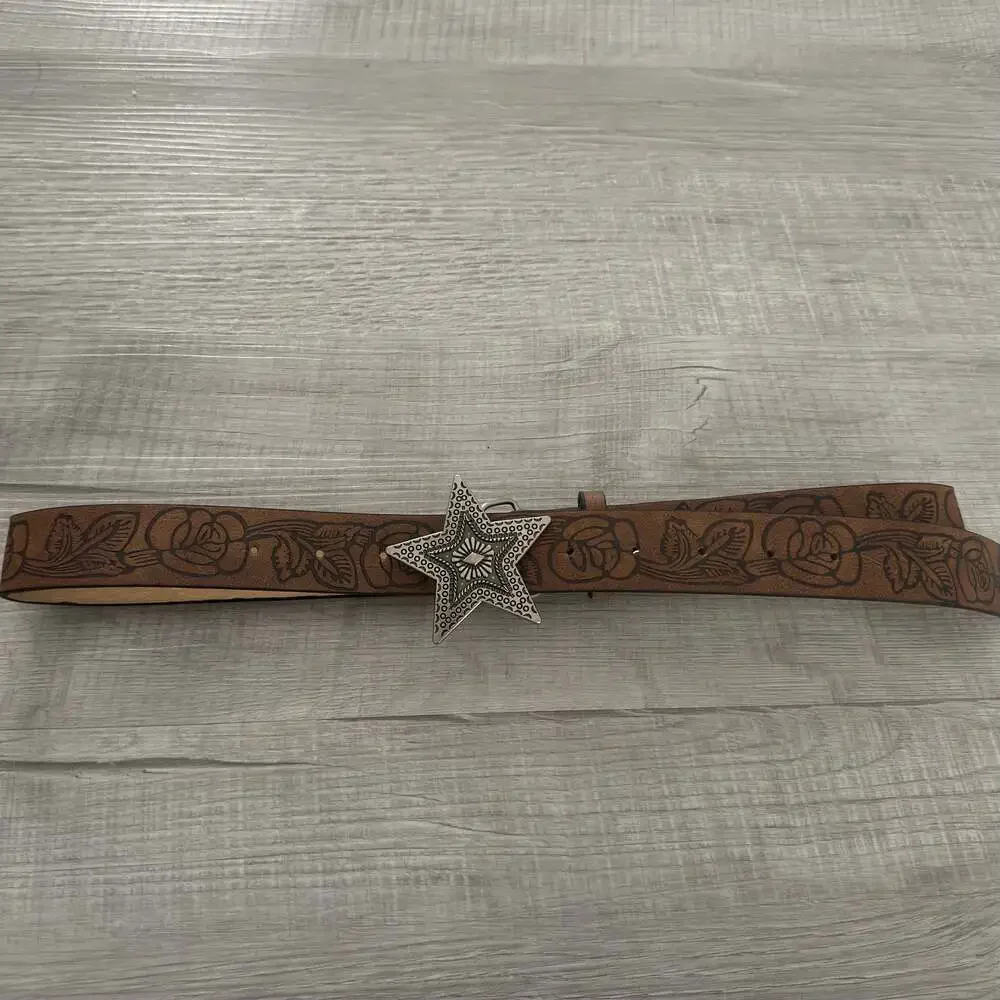 Western Style Brown Floral Embossed Belt with Star Buckle